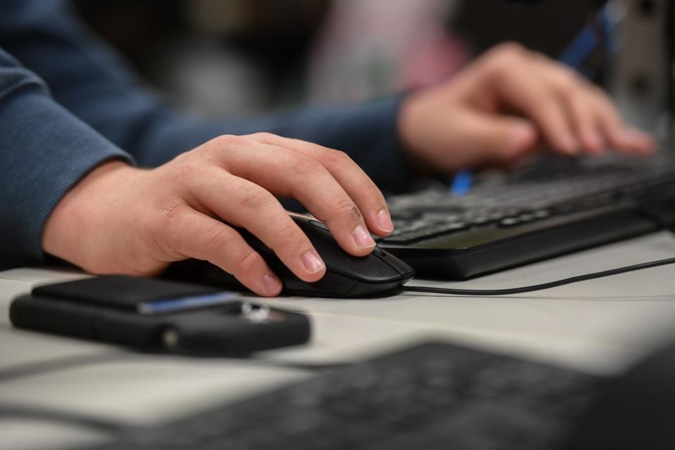 Lincoln student Kaden Bylkeland uses mouse and keyboard to play League of Legends on Tuesday, March 19, 2024 at Career and Technical Education Academy in Sioux Falls.