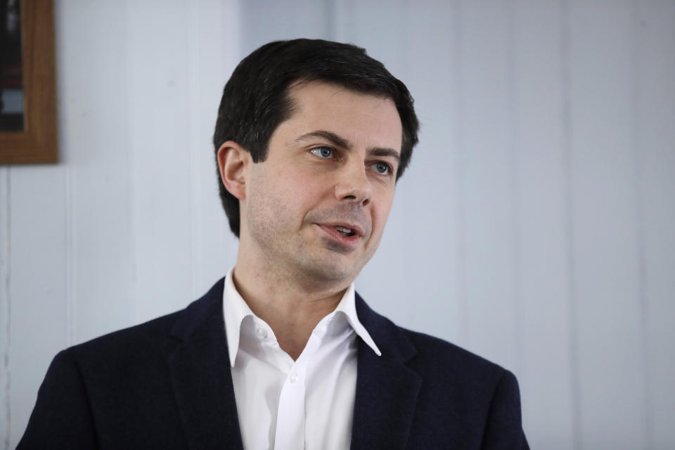 In this Feb. 16, 2019, photo, Indiana's Sound Bend Mayor Pete Buttigieg speaks during a stop in Raymond, N.H. Democratic presidential hopeful Buttigieg said Sunday, March 10, that he and Vice President Mike Pence have different views of their Christian faith and that he doesn't understand Pence's loyalty to President Donald Trump. (AP Photo/Charles Krupa)