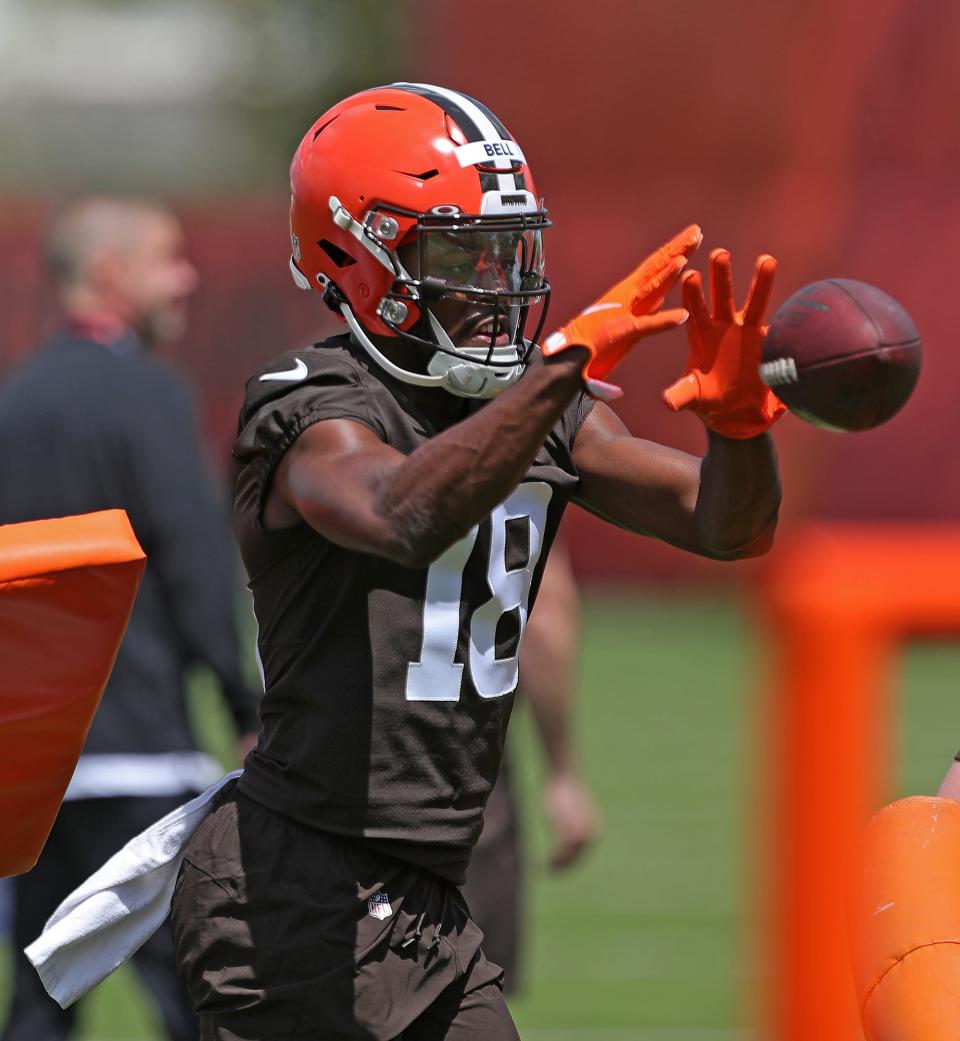 Cleveland Browns rookie wide receiver David Bell eyes in a pass during the NFL football team's rookie minicamp in Berea in May.