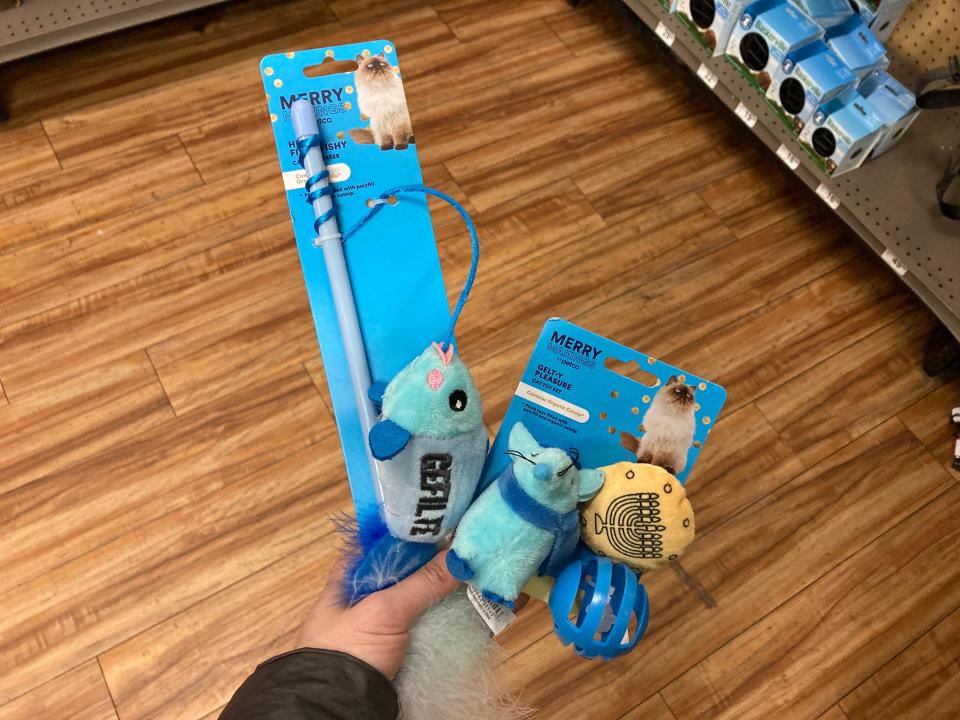 A woman holding a cat wand toy and a set of Hanukkah cat toys.