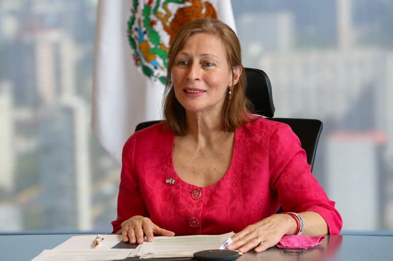 Mexican Secretary of Economy Tatiana Clouthier looks on in an office at the Secretary of Economy building in Mexico City, during a virtual meeting with Secretary of State Antony Blinken