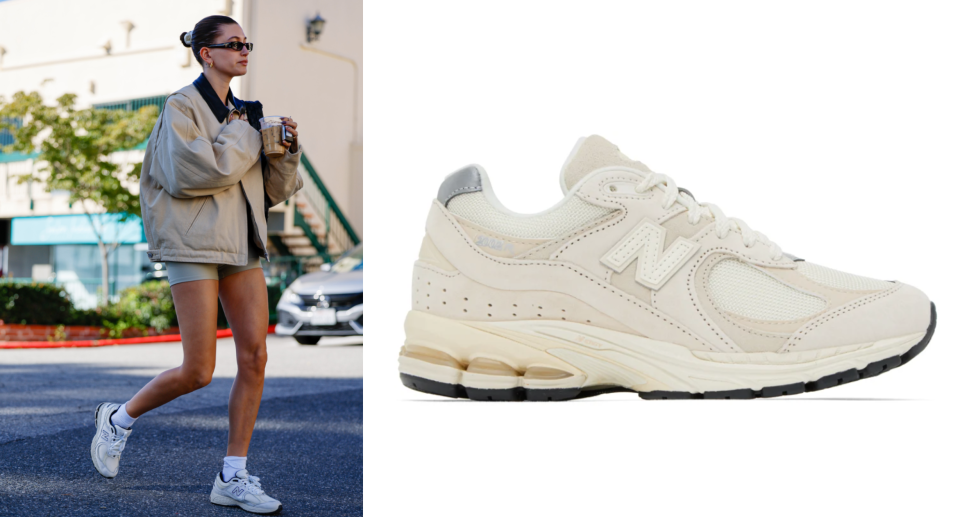 Hailey Bieber wearing New Balance 2002R sneakers (Getty & SSENSE)