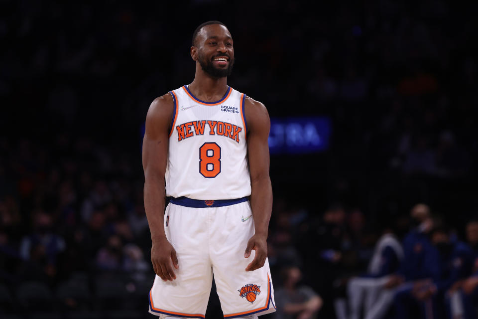 NEW YORK, NEW YORK - DECEMBER 21: Kemba Walker #8 of the New York Knicks in action against the Detroit Pistons at Madison Square Garden on December 21, 2021 in New York City. NOTE TO USER: User expressly acknowledges and agrees that, by downloading and or using this photograph, User is consenting to the terms and conditions of the Getty Images License Agreement. New York Knicks defeated the Detroit Pistons 105-91. (Photo by Mike Stobe/Getty Images)