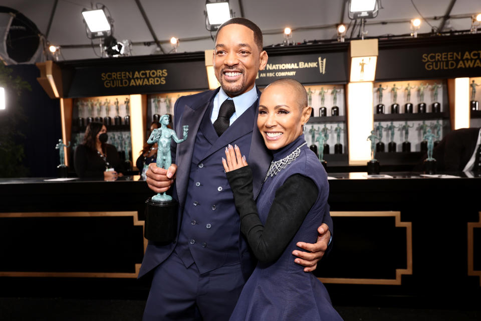 Will Smith, winner of Outstanding Performance by a Male Actor in a Leading Role for “King Richard”, and Jada Pinkett Smith attend the 28th Screen Actors Guild Awards at Barker Hangar on February 27, 2022 in Santa Monica, California - Credit: Emma McIntyre/Getty Images for WarnerMedia