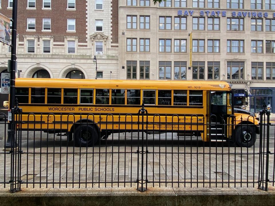 One of the new school buses in Worcester paid for with federal funds. (Mebane Rash/EdNC)