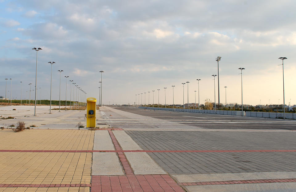 An abandoned telephone cell is pictured at the Athens 2004 Olympic venue at the Hellenico Olympic park as seen in February 2011.