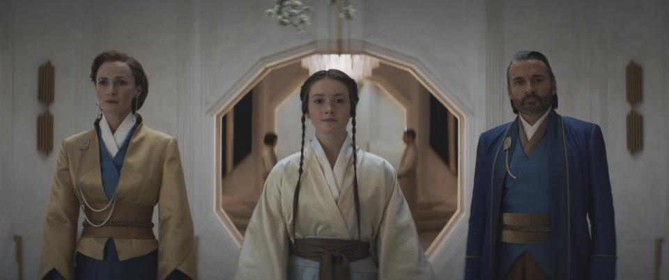 (LR): Mon Mothma (Genevieve O'Reilly), Leida Mothma (Bronte Carmichael) and Perrin Fertha (Alastair Mackenzie) in Lucasfilm's ANDOR, exclusively on Disney+. Â©2022 Lucasfilm Ltd. & TM. All Rights Reserved.