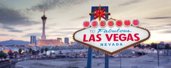 The Las Vegas sign with the Strip in the background.