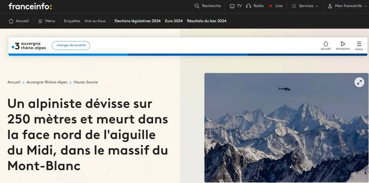 法國媒體《Franceinfo》報導一名台灣登山者墜崖。翻攝《Franceinfo》網站