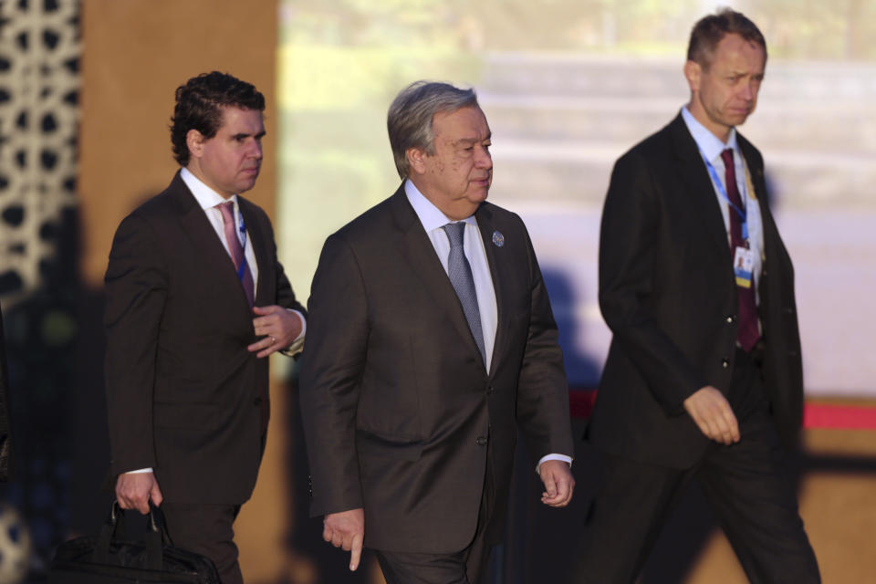 U.N. Secretary-General Antonio Guterres arrives to attend a UN Migration Conference in Marrakech, Morocco, Monday, Dec.10, 2018. Top U.N. officials and government leaders from about 150 countries are uniting around an agreement on migration, while finding themselves on the defensive about the non-binding deal amid criticism and a walkout from the United States and some other countries. (AP Photo/Mosa'ab Elshamy)