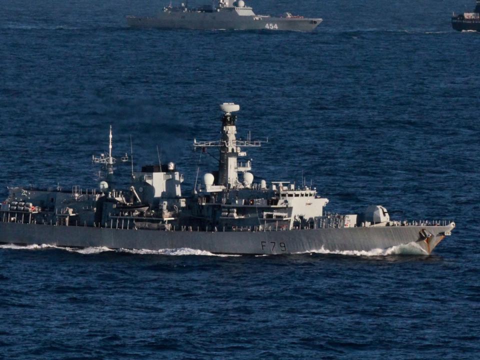 HMS Portland (pictured), monitoring the Russian guided missile frigate Admiral Gorshkov and accompanying tanker Kama as they sailed in international waters near the UK (MOD/AFP via Getty Images)
