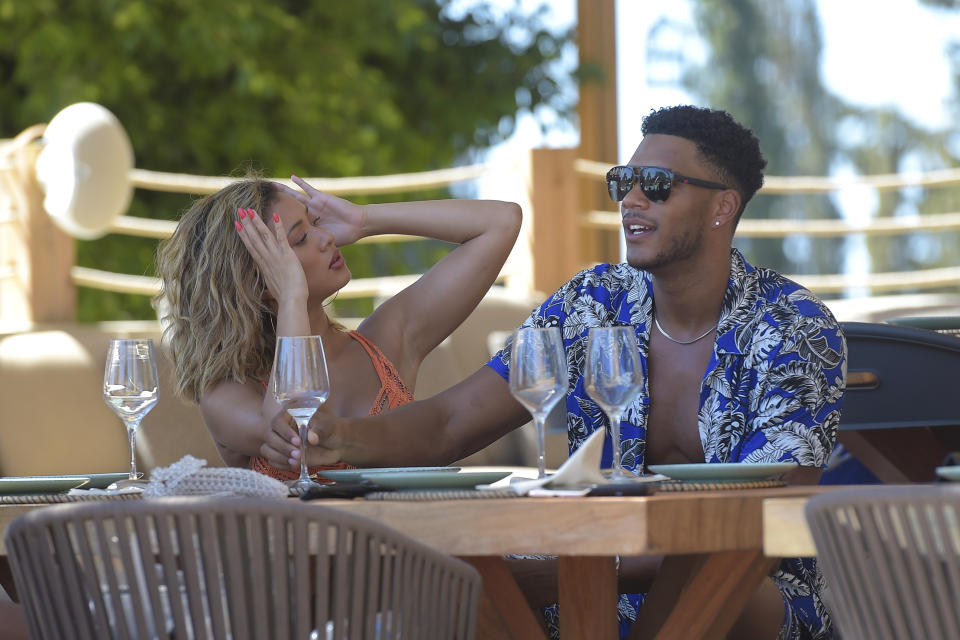 MARBELLA, SPAIN - JULY 28: Kaz Crossley and Theo Campbell are spotted on a photoshoot with boohoo & boohooMAN at Nao Pool Club, Ibiza on July 28, 2019 in Marbella, Spain. (Photo by David M. Benett/Dave Benett/Getty Images for Boohoo & BoohooMAN)