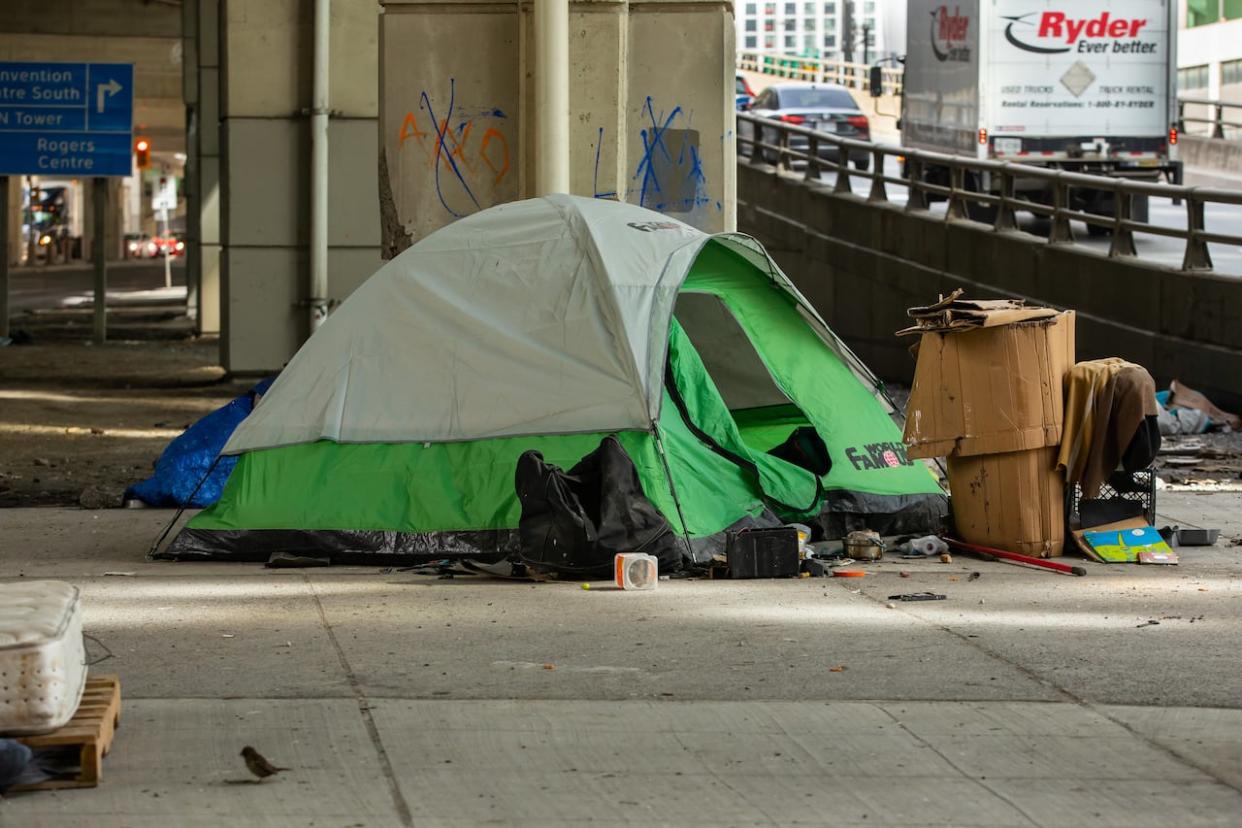 A tent under the Gardiner Expressway at Lake Shore Boulevard West and York Street. (Michael Wilson/CBC - image credit)