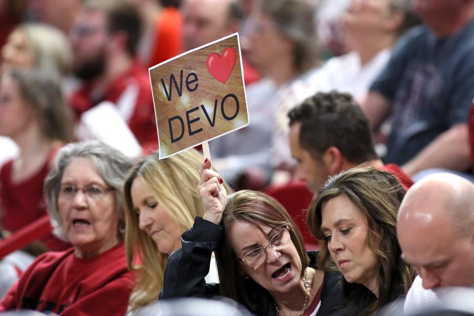 Feb 10, 2024; Fayetteville, Arkansas, USA; Arkansas Razorbacks fans hold up a sign supporting guard Davonte Davis (4) during the first half against the Georgia Bulldogs at Bud Walton Arena. Mandatory Credit: Nelson Chenault-USA TODAY Sports