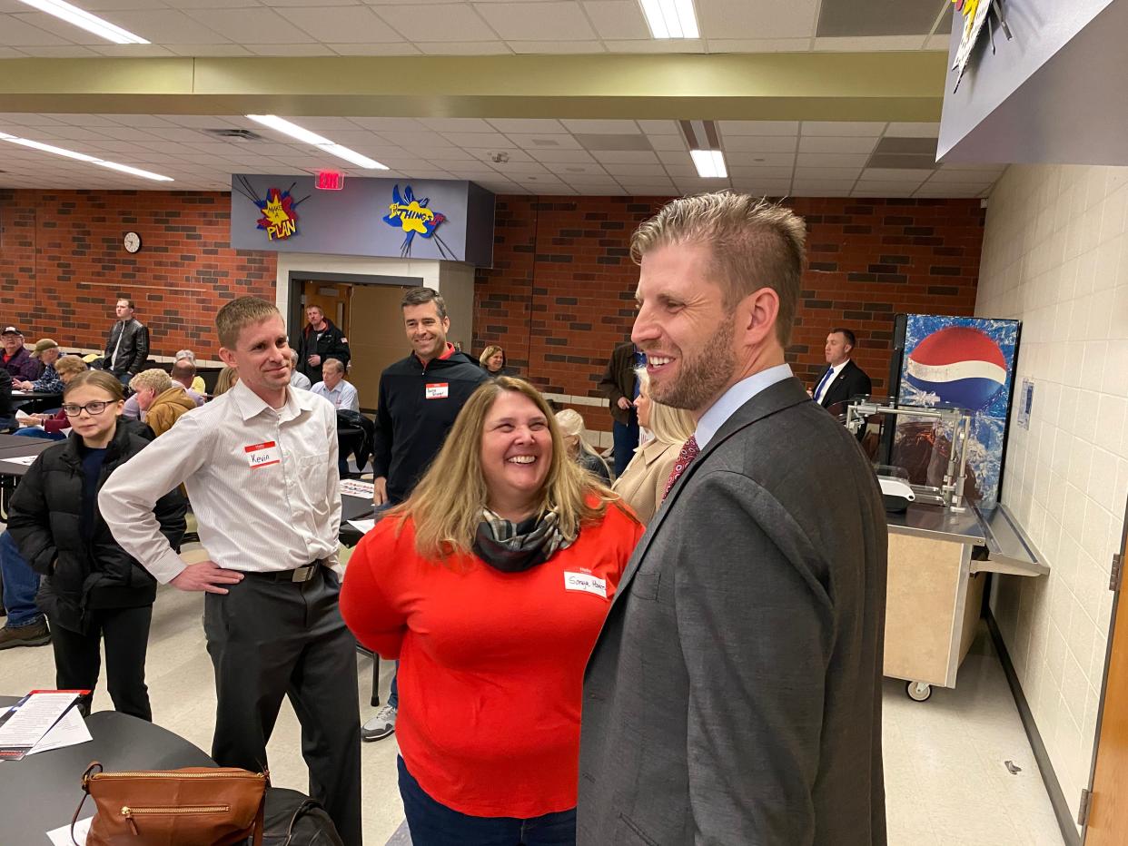 Eric Trump appears at the Norwalk Republican precincts at Lakewood Elementary School.