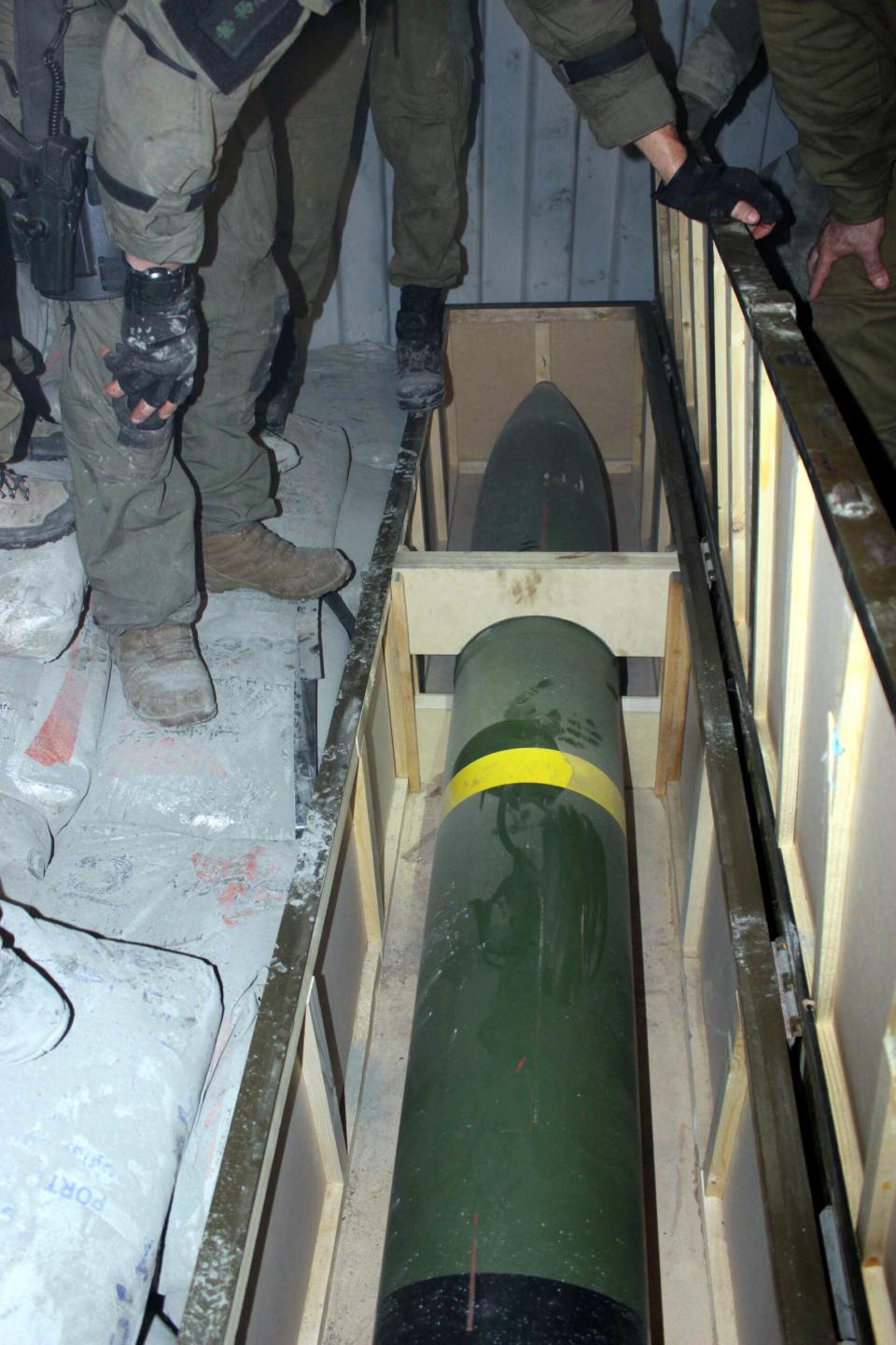 An apparent Khaibar-1 rocket seized by Israeli security forces aboard an Iranian-registered ship in the Red Sea, about 930 miles from the Israeli coast, in March 2014. <em>Photo by Pool/Israel Defence Forces/Anadolu Agency/Getty Images</em>