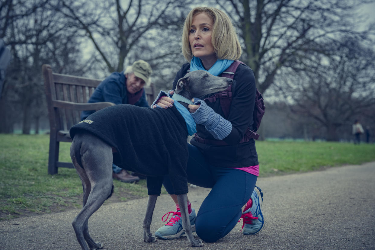 Scoop shows Gillian Anderson's Emily Maitlis taking her dog to work. (BBC)