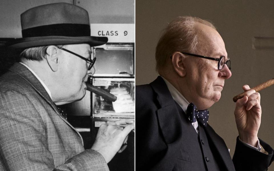 Winston Churchill (links) gilt als einer der bedeutendsten Politiker in der Geschichte Großbritanniens. Kein Wunder, dass ihm schon mehrere Filme gewidmet wurden. Zuletzt stellte Gary Oldman ihn in "Die dunkelste Stunde" (2017) dar und wurde dafür im März 2018 mit dem Oscar als bester Hauptdarsteller ausgezeichnet. Auch für das Make-up-Team gab es die verdiente Auszeichnung. (Bild: Norman Vigars/Fox Photos/Hulton Archive/Getty Images/Universal)