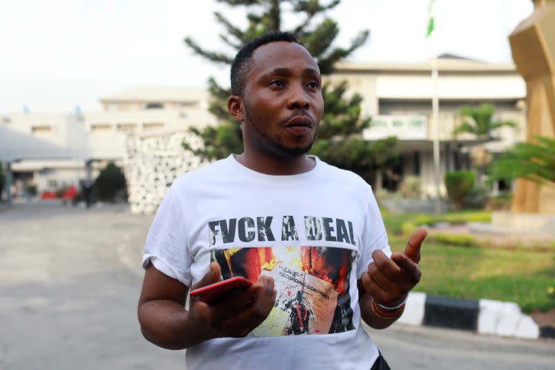 Desmond Onouah, one of the men charged with public display of affection with members of the same sex, speaks to Reuters during an interview at the Federal High Court in Lagos