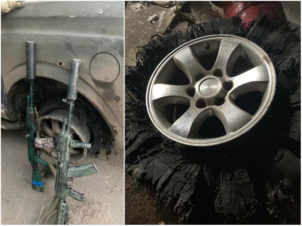 A composite image showing (L) a vehicle, with two firearms leaning on it, whose tire is down to its hubcap. (R) a completely frayed tire