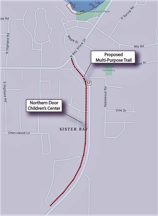 The Village of Sister Bay received a $906,000 grant to build this planned 4,500-foot pedestrian and bicycling trail along the west side of State 57, a stretch with no sidewalks where 12 accidents have happened in 20 years. The village hopes the trail will open in May of 2025.