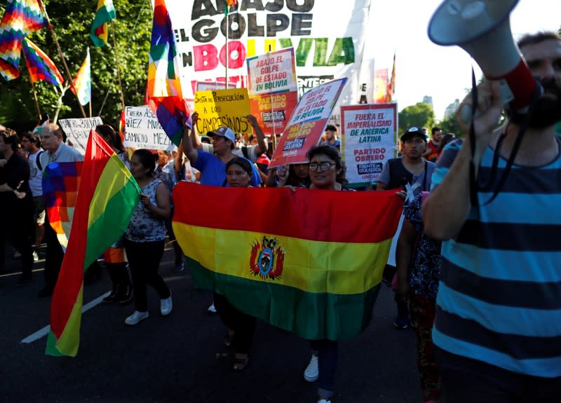 Supporters of Bolivia's ousted President Evo Morales gather outside the U.S. embassy in Buenos Aires to protest against the U.S. government, in Buenos Aires