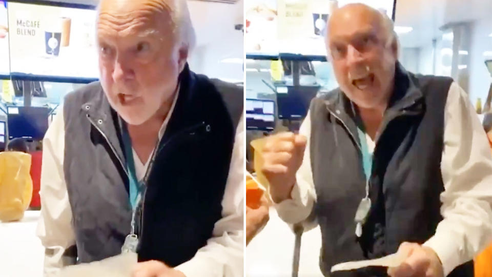 Pictured here, Rex Hunt belts out a famous AFL call at a McDonalds restaurant.