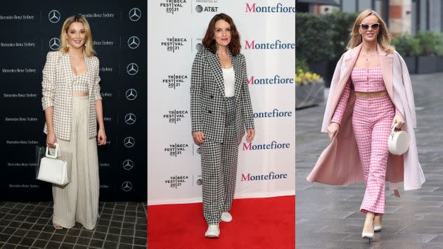 Many celebrities have been rocking the gingham trend in 2021.  (Photo: Getty Images/Don Arnold/Cindy Ord/Neil Mockford)