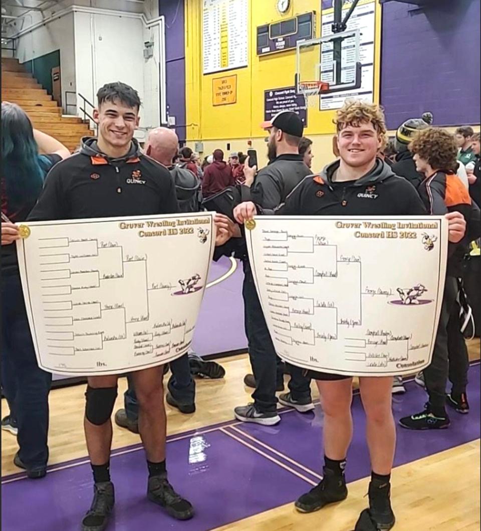 Quincy's Gavin Peet (left-1st at 175 pounds) and Davin George (right-1st at 190 pounds) both brought home gold for the Oriole wrestlers from Saturday's Concord Invite.