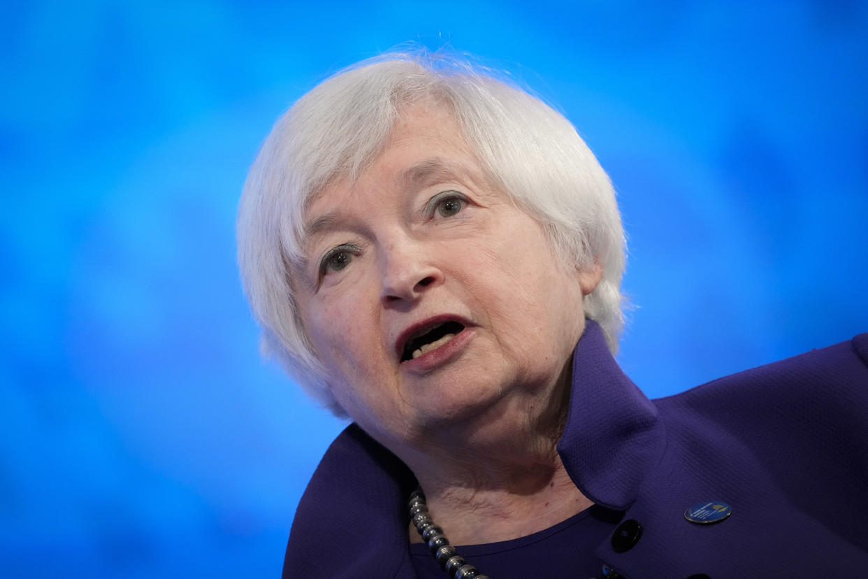 U.S. Treasury Secretary Janet Yellen speaks at the Bretton Woods Committees International Council on the third day of the IMF and World Bank Annual Meetings at IMF headquarters October 12, 2022 in Washington, DC. (Drew Angerer/Getty Images)