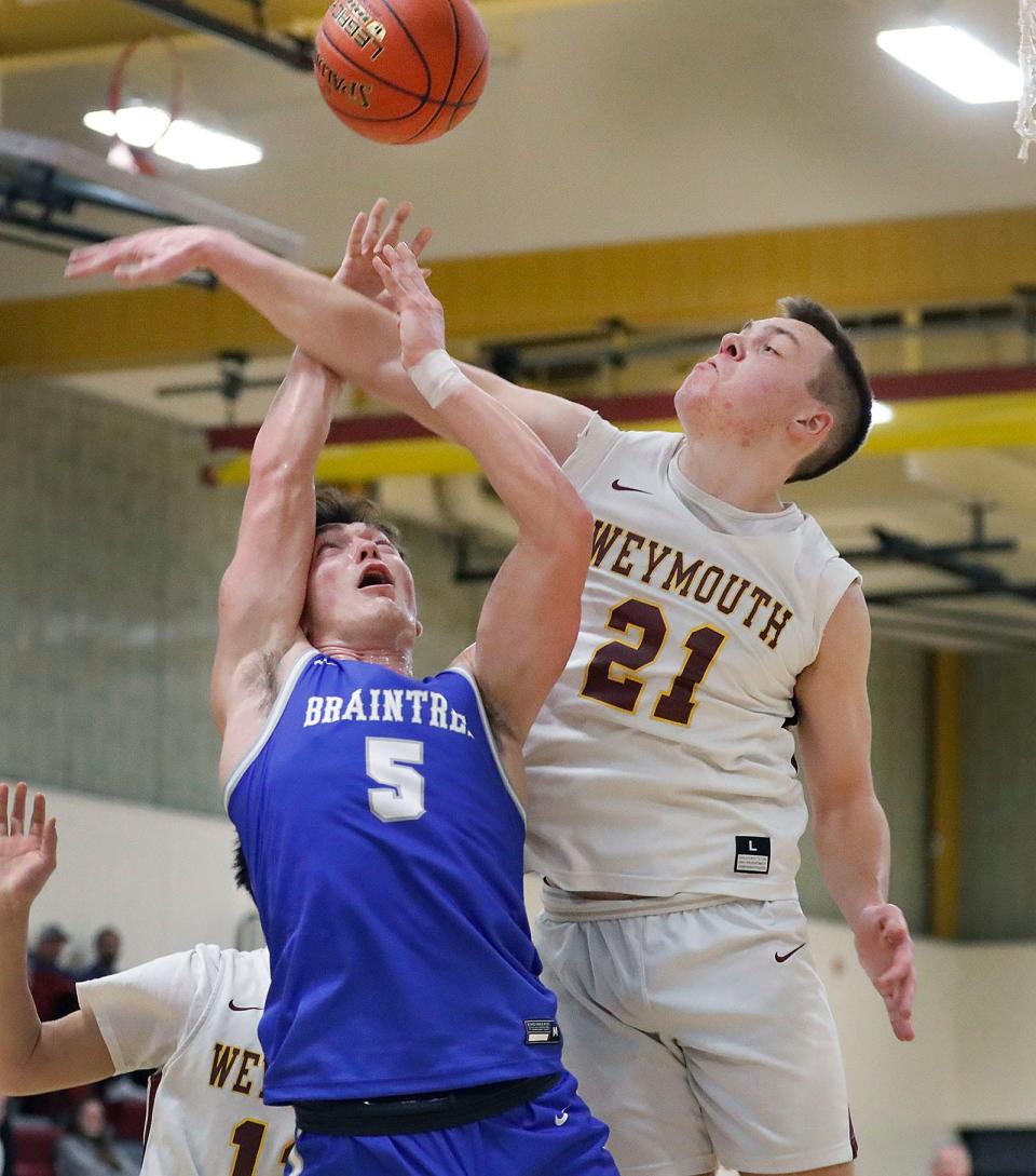 Wildcat forward Will Savage rejects a shot by Wamp's Caleb Parsons Gomes.

Weymouth hosts Braintree in their Christmas basketball tournament finale on Friday Dec. 29, 2023
