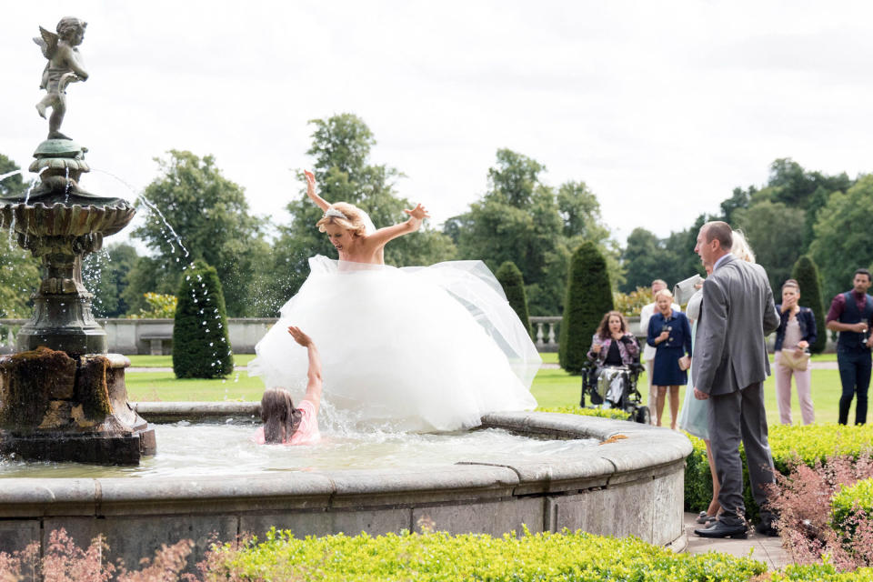 Fight: Eva and Maria battle it out in a fountain at the wedding venue: David Crook/ITV