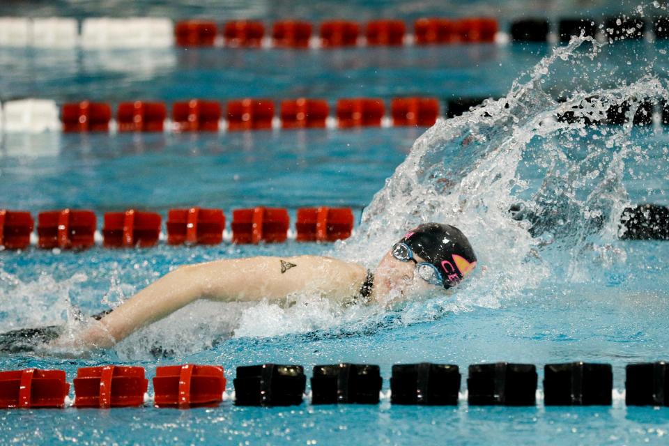 Dublin Jerome’s Milly Leonard swims in the 400-yard freestyle relay during the Division I state meet Saturday at Branin Natatorium in Canton. The Celtics won the event and captured their first state team title.