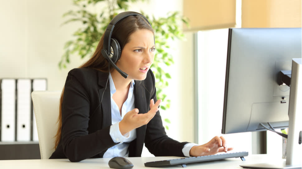  angry woman on video conferencing call 