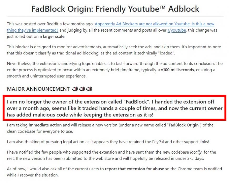 FadBlock開發者提出警告。（圖／翻攝自GitHub）