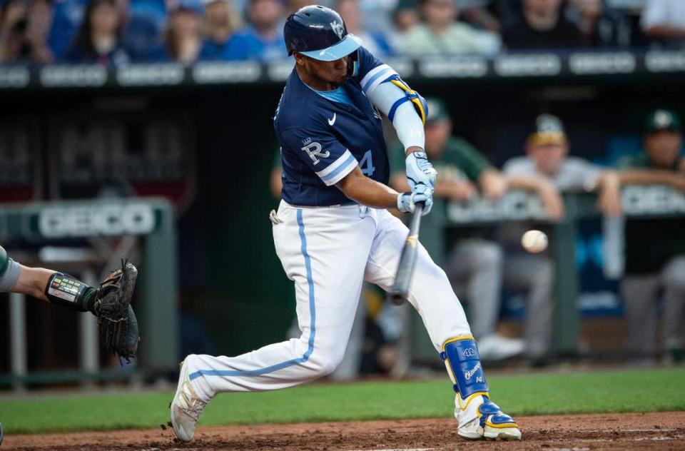 Royals right fielder Edward Olivares homers for the second time of the night as the Kansas City Royals take on the Oakland Athletics at Kauffman Stadium on June 24, 2022 in Kansas City.