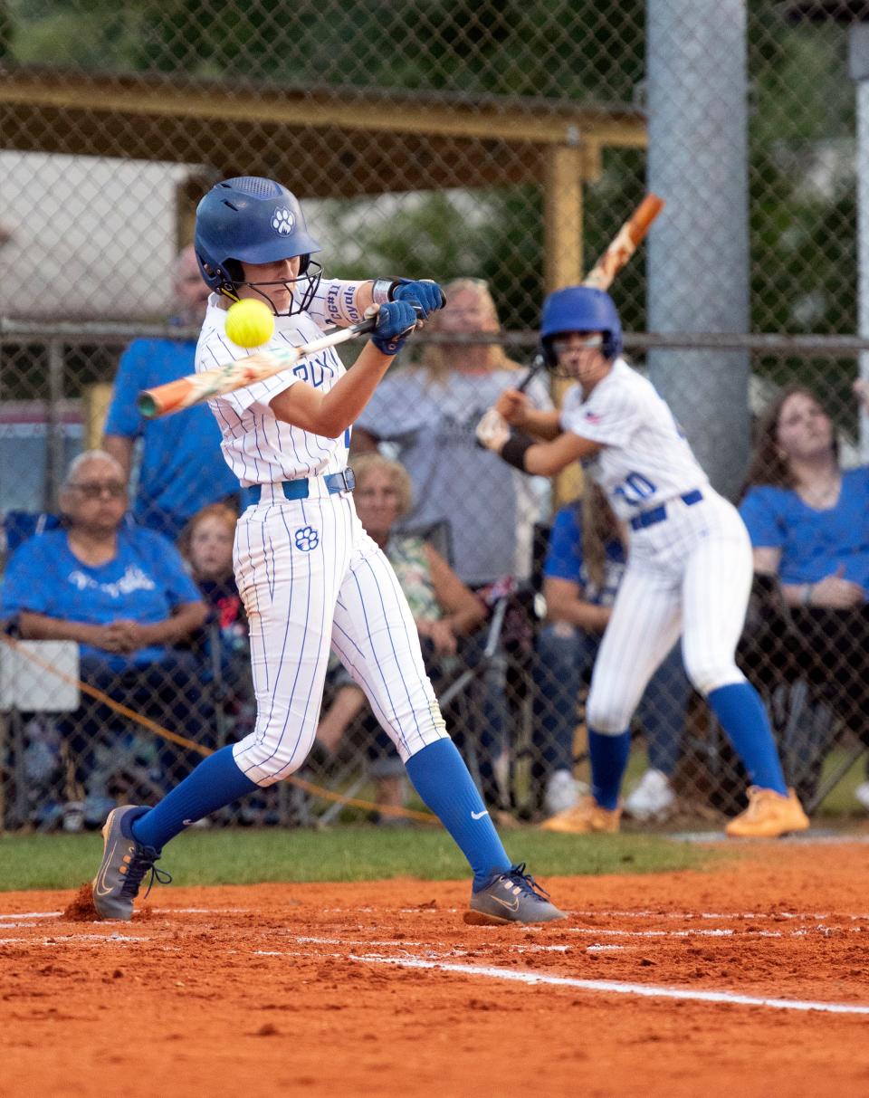 Jay's Caitlyn Gavin(No. 11) puts the lumber on the ball during Thursday's 1-A softball game against Freeport. The Royals downed the Bullfrogs 10-0 in six innings. 
