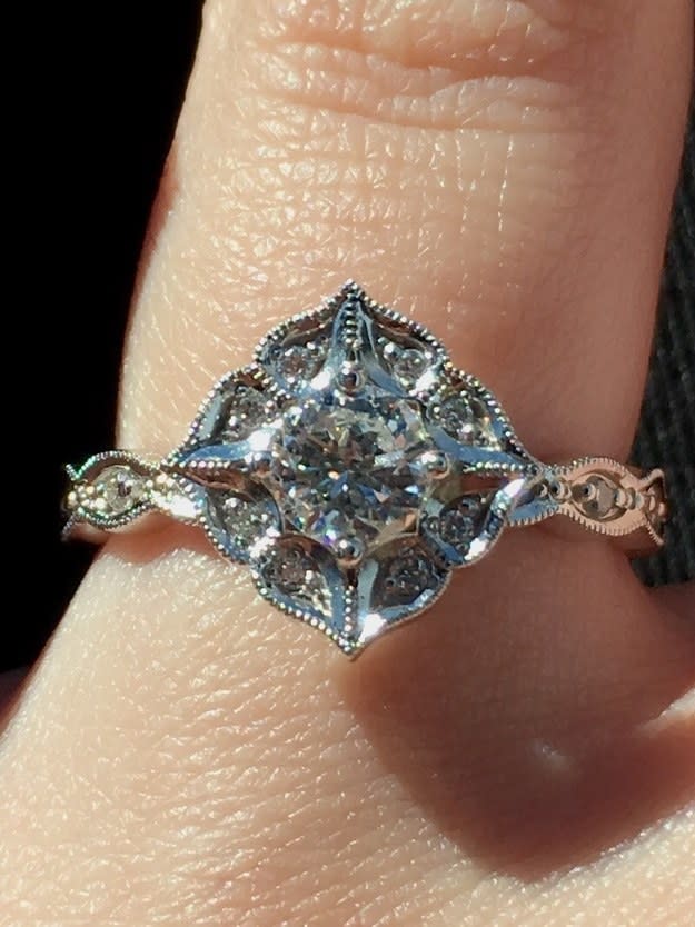 <div><p>"I was my mother’s only daughter, so I was graciously gifted my grandma’s ring. <b>She passed away a few years before I was born, but I was born on her birthday and named after her, so I've always felt we had a strong connection.</b> Well, when my husband asked my parents for my hand, they gave him the ring to be updated to the style I would want. He had it custom-made into this incredibly beautiful and incredibly meaningful stunner!" </p><p>—<a href="https://www.buzzfeed.com/kaleep43bdb1b45" rel="nofollow noopener" target="_blank" data-ylk="slk:kaleep43bdb1b45;elm:context_link;itc:0;sec:content-canvas" class="link ">kaleep43bdb1b45</a></p></div><span><a href="https://www.buzzfeed.com/kaleep43bdb1b45" rel="nofollow noopener" target="_blank" data-ylk="slk:buzzfeed.com;elm:context_link;itc:0;sec:content-canvas" class="link ">buzzfeed.com</a></span>