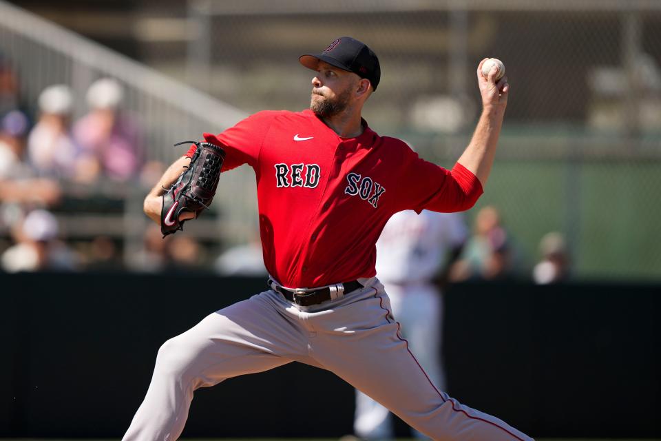 Boston Red Sox starting pitcher James Paxton pitches in the first inning of a spring training baseball game against the Minnesota Twins in Fort Myers, Fla., Friday, March 3, 2023. (AP Photo/Gerald Herbert)