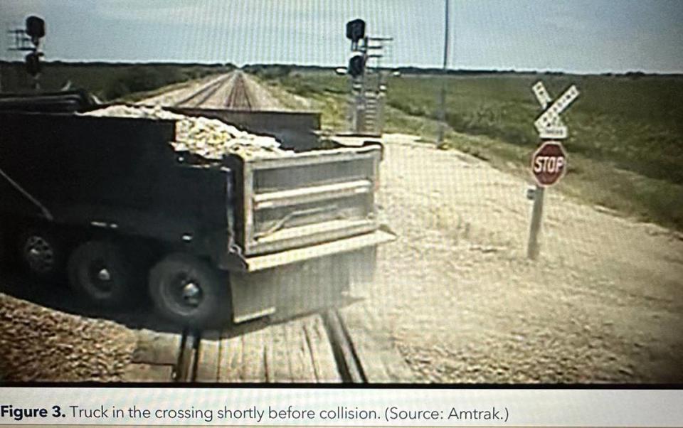 An NTSB report on the June 27, 2022, crash and derailment near Mendon, Missouri, included this photo of the truck before an Amtrak train crashed into it. The photo was from the train.