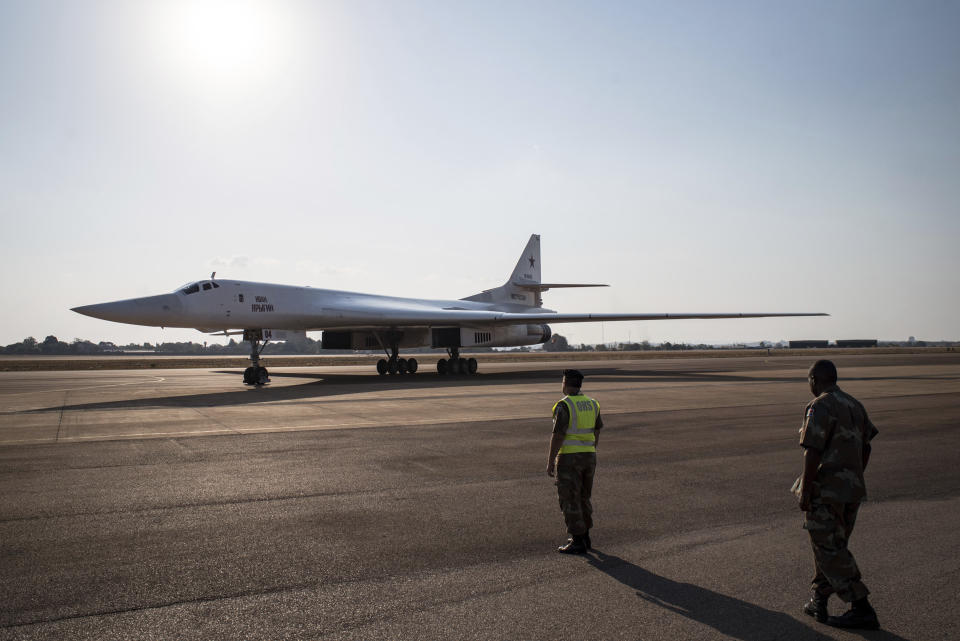 One of two Tu-160 Russian Airforce bombers land at the Waterkloof Airforce Base in Pretoria, South Africa Wednesday, Oct. 23, 2019. Two Russian nuclear-capable strategic bombers have landed in South Africa in the first-ever visit to the continent, while Russian President Vladimir Putin is hosting 43 leaders of Africa's 54 countries in the first-ever Russia-Africa summit, reflecting Moscow's new push to expand its clout on the continent. (AP Photo)