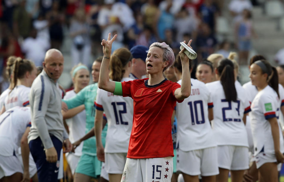 United States'Megan Rapinoe celebrates at the end of the Women's World Cup round of 16 soccer match between Spain and US at the Stade Auguste-Delaune in Reims, France, Monday, June 24, 2019. US beat Spain 2-1. (AP Photo/Alessandra Tarantino)