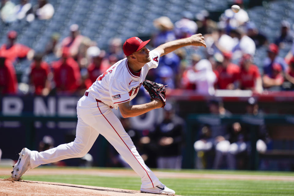 Los Angeles Angels starting pitcher Reid Detmers throws during the first inning of a baseball game against the Minnesota Twins, Sunday, April 28, 2024, in Anaheim, Calif. (AP Photo/Ryan Sun)
