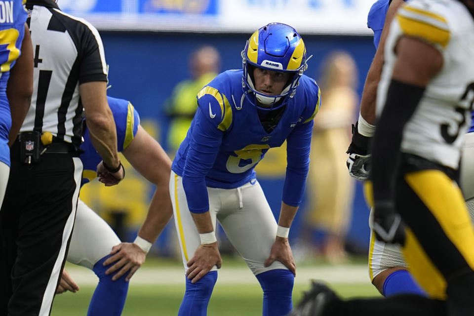 Los Angeles Rams place kicker Brett Maher races after missing a field goal during the first half of an NFL football game against the Pittsburgh Steelers Sunday, Oct. 22, 2023, in Inglewood, Calif. (AP Photo/Gregory Bull)