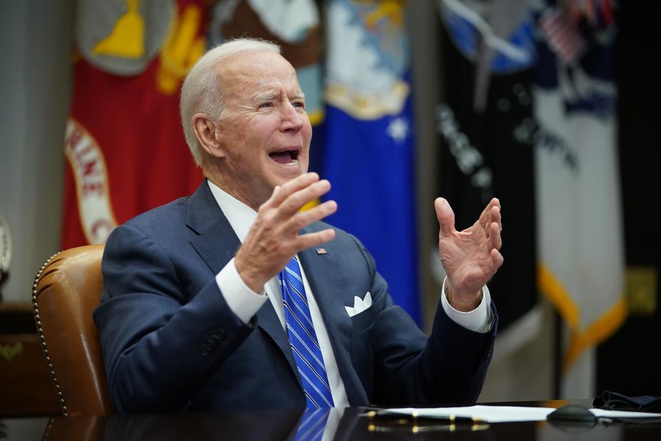 US President Joe Biden gestures as he speaks during a virtual call to congratulate the NASA JPL Perseverance team on the successful Mars landing, in the Roosevelt Room of the White House in Washington, DC on March 4, 2021. (Photo by MANDEL NGAN / AFP) (Photo by MANDEL NGAN/AFP via Getty Images)