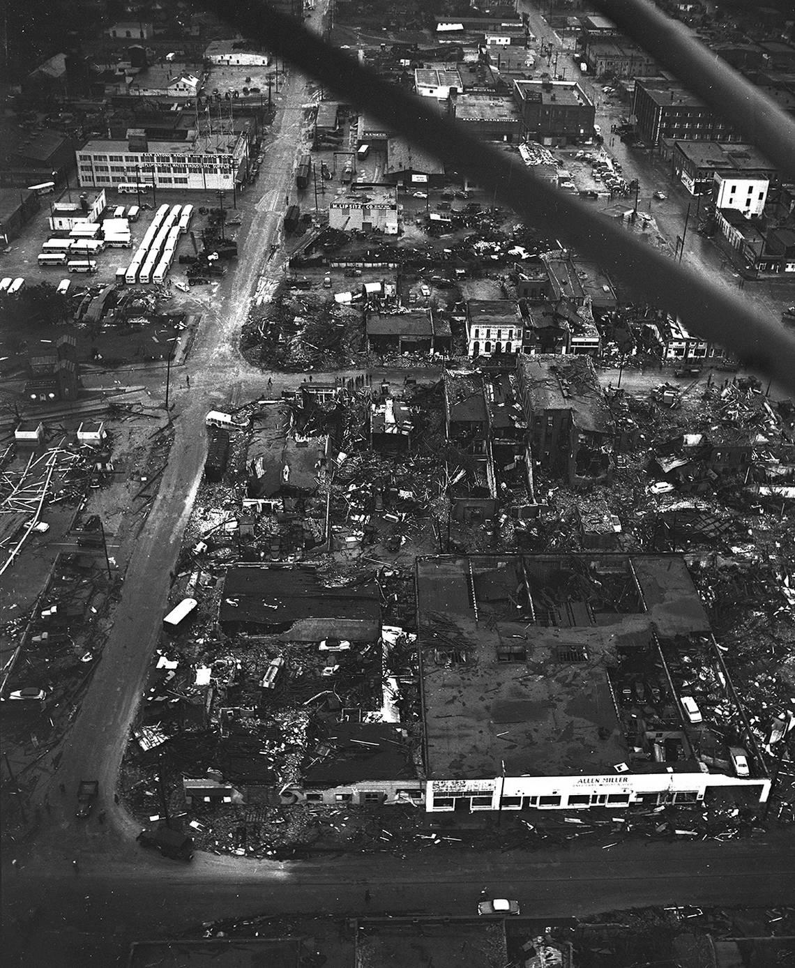 Downtown Waco after the 1953 tornado. At upper left, buses are parked at the Waco Transit Co. The road running from left to right at center of photo is the business route, U. S. Highway 81. Fort Worth Star-Telegram Collection/UT Arlington Special Collections