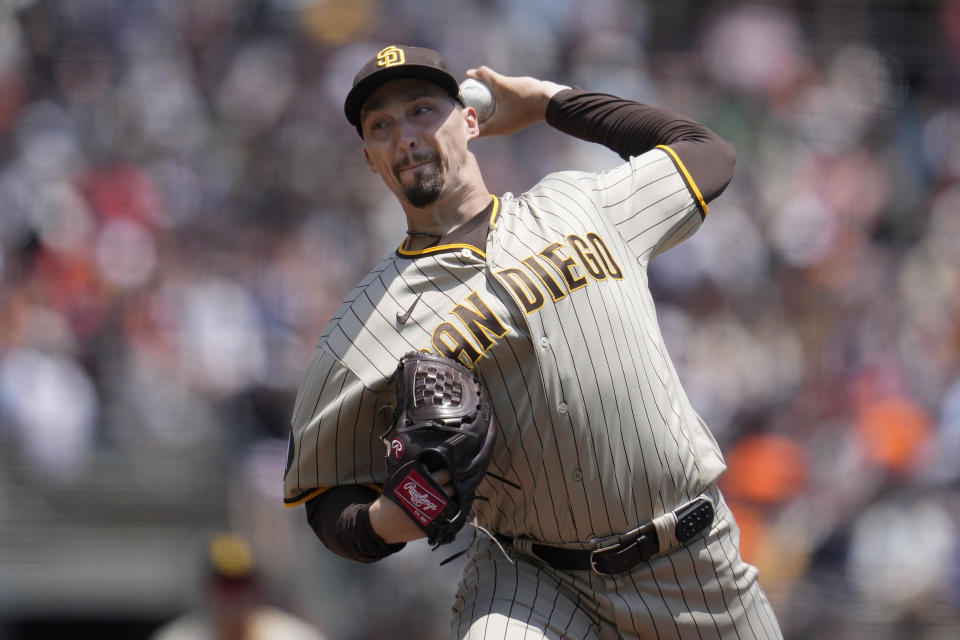 San Diego Padres pitcher Blake Snell works against the San Francisco Giants during the first inning of a baseball game in San Francisco, Thursday, June 22, 2023. (AP Photo/Jeff Chiu)
