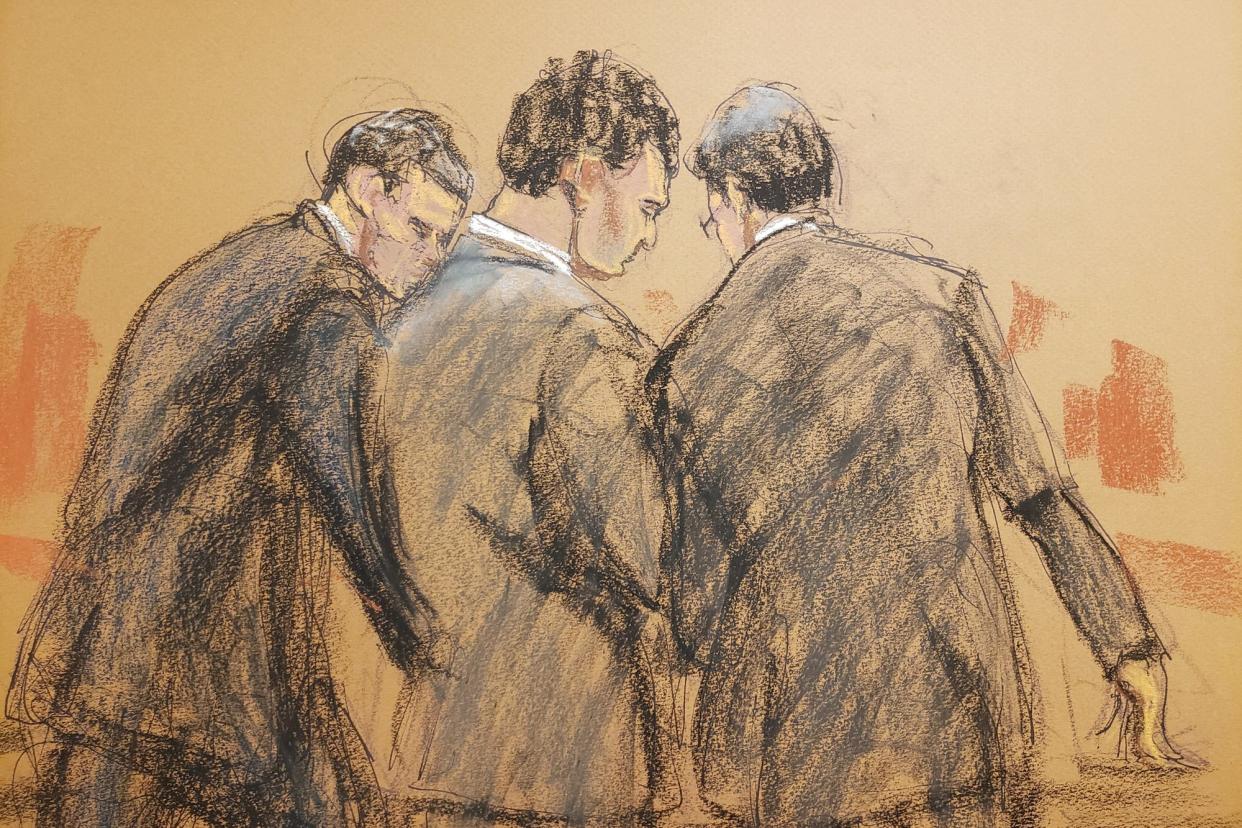 A sketch of SBF standing with two male lawyers and looking down somberly.