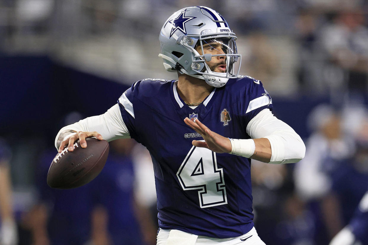 Dak Prescott of the Dallas Cowboys against the Detroit Lions on Dec. 30, 2023. (Ron Jenkins / Getty Images)