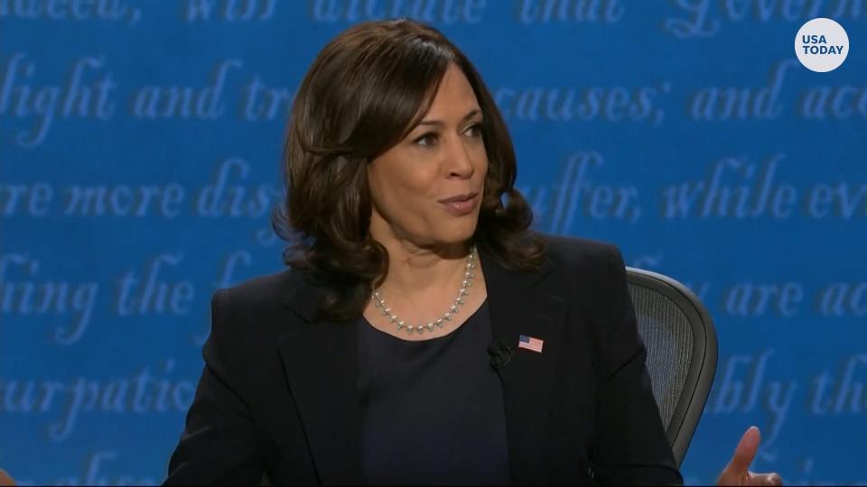 Sen. Kamala Harris discusses her law enforcement and criminal justice record to Vice President Pence during the VP debate.